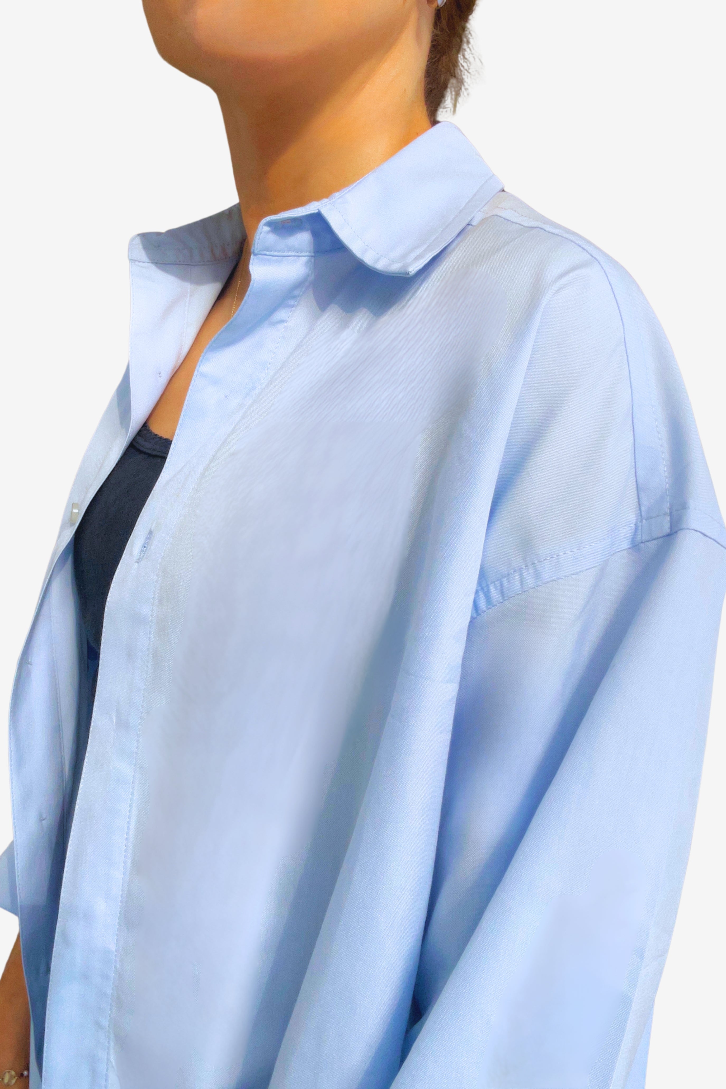 The Maro, UPF oversized sun protective button down shirt in Oxford Blue